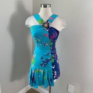 Versace H&M Womens 2 Blue Floral 100% Silk Mini Dress Pleated Gold Button